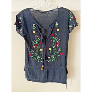 Hazel Anthropologie Women's Black Floral Embroidered Short Sleeve Blouse Boho